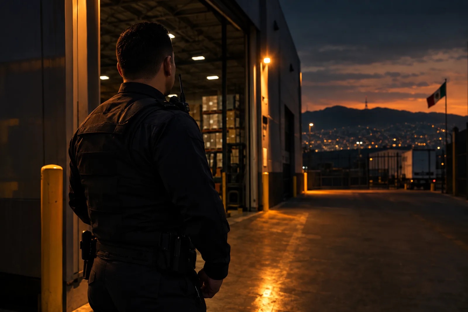 Guardia de seguridad privada resguardando el acceso de una planta industrial en Tijuana