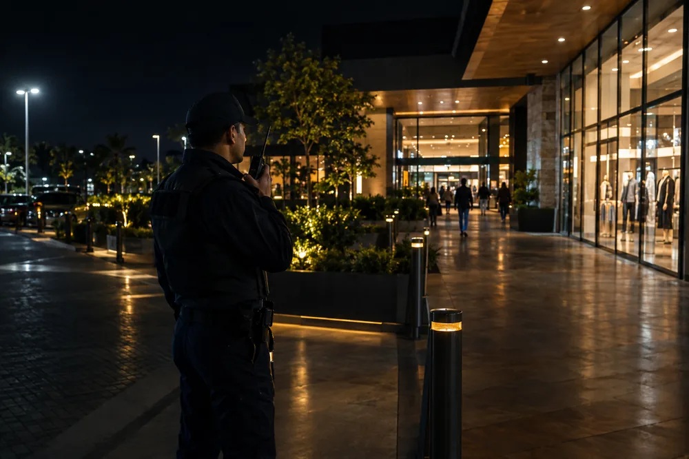 Guardia de seguridad en el acceso de una plaza comercial