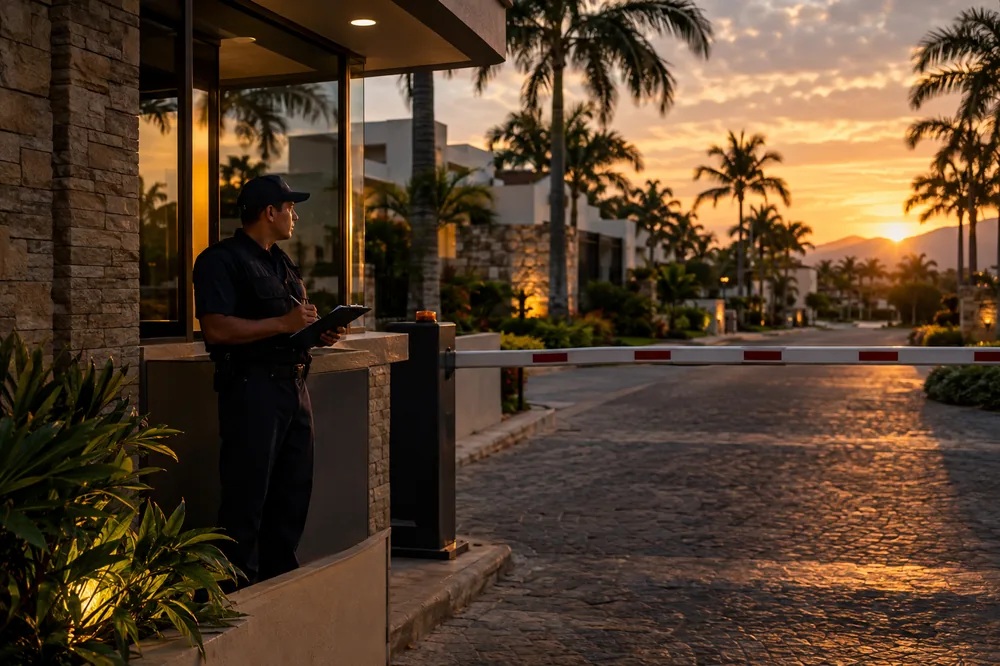 Caseta de acceso vigilada en fraccionamiento residencial